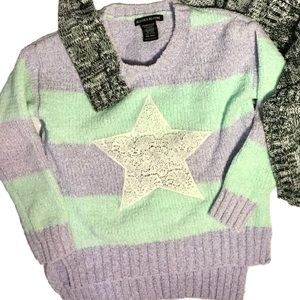 Blush & Bloom Girls Grey Stripe Lace Star Sweater